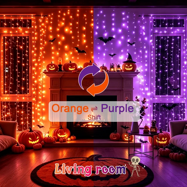 Alt view image 2 of 5 - Curtain Lights Outdoor,Curtain Lights for Halloween,Purple and Orange