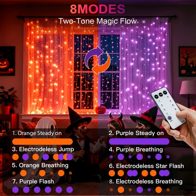 Alt view image 3 of 5 - Curtain Lights Outdoor,Curtain Lights for Halloween,Purple and Orange