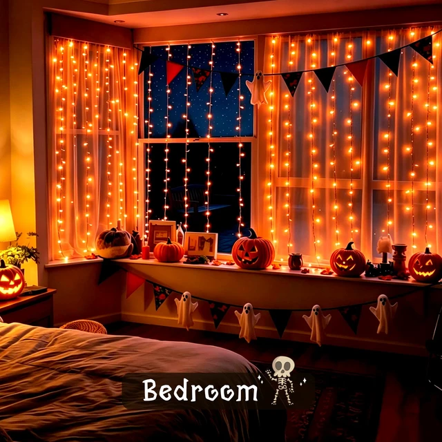Alt view image 4 of 5 - Curtain Lights Outdoor,Curtain Lights for Halloween,Purple and Orange