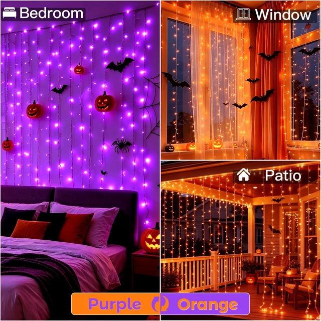 Alt view image 5 of 5 - Curtain Lights Outdoor,Curtain Lights for Halloween,Purple and Orange