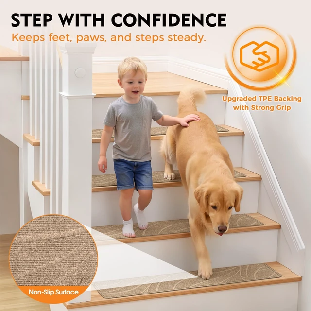Alt view image 2 of 7 - Stair Treads for Wooden Steps, 7 PCS 8"x30", Beige Non-Slip TPE Backing Indoor Stair Runners, Washable & Reusable Stairs Carpet Rugs, No Residue, Safe for Kids, Pets, Seniors