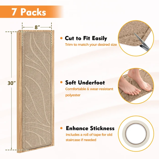 Alt view image 5 of 7 - Stair Treads for Wooden Steps, 7 PCS 8"x30", Beige Non-Slip TPE Backing Indoor Stair Runners, Washable & Reusable Stairs Carpet Rugs, No Residue, Safe for Kids, Pets, Seniors