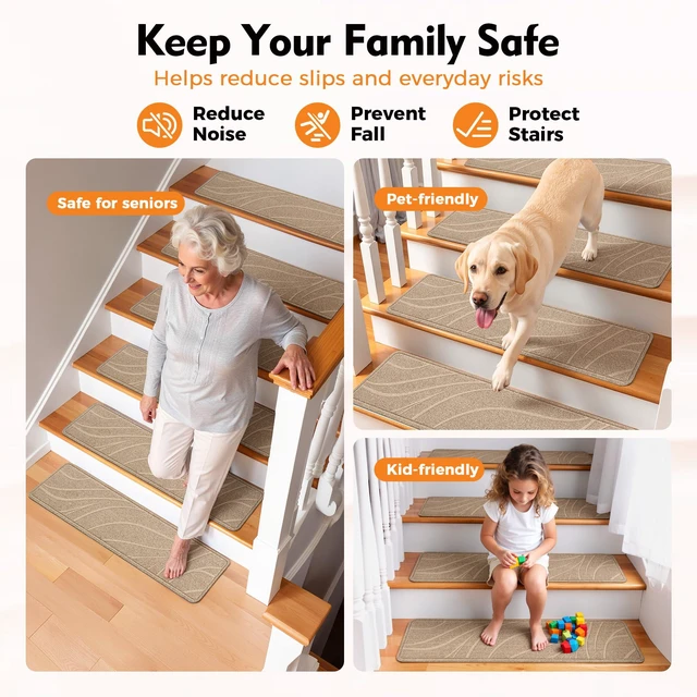 Alt view image 6 of 7 - Stair Treads for Wooden Steps, 7 PCS 8"x30", Beige Non-Slip TPE Backing Indoor Stair Runners, Washable & Reusable Stairs Carpet Rugs, No Residue, Safe for Kids, Pets, Seniors