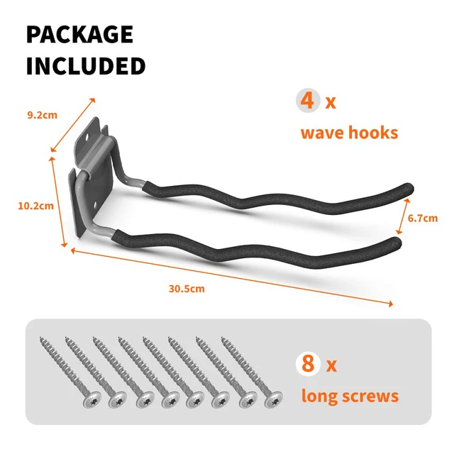 Alt view image 3 of 7 - Garage Tool Organizer Hooks, 4-Pack Heavy-Duty 12" Steel Wave Hooks Wall Mount Garage Storage Utility Hook for Car Tires, Ladder, Chairs, Power tools, Garden tools