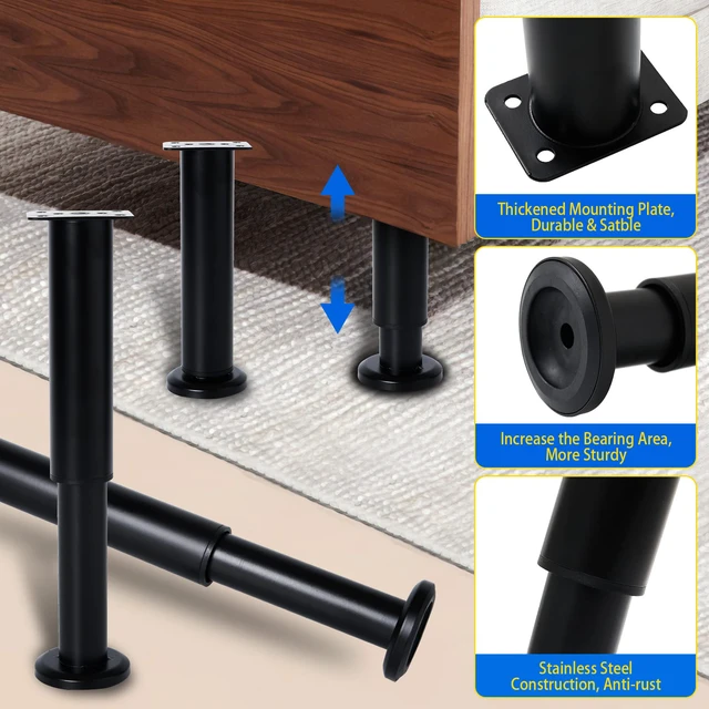 Alt view image 5 of 6 - 6 PCS Adjustable Height Bed Support Legs for Bed Frame/Bed Center Slat, Heavy Duty Furniture Replacement Legs 7.08-12.2 inch for Sofa/Cabinet/Couch/Dresser/Table (Black)
