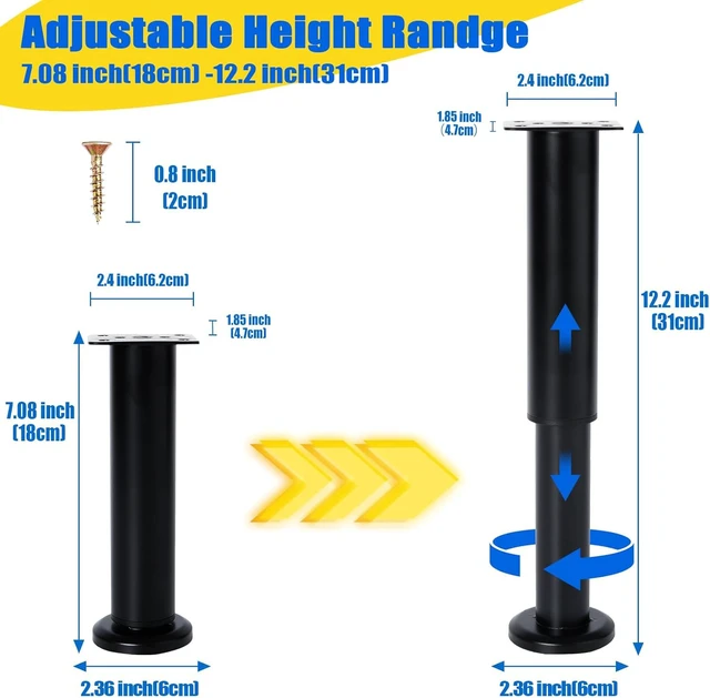 Alt view image 2 of 6 - 6 PCS Adjustable Height Bed Support Legs for Bed Frame/Bed Center Slat, Heavy Duty Furniture Replacement Legs 7.08-12.2 inch for Sofa/Cabinet/Couch/Dresser/Table (Black)