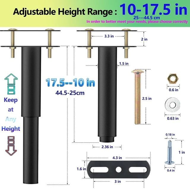 Alt view image 2 of 7 - 10-17.5in Bed Support Legs for Bed Frame Support,Slat Support 4PC Bed Frame Legs Length Adjust, Stabilizer for Under Bed,Bed Center Support,For Sagging or Tilted Bed Frame,Bed Slats Warped
