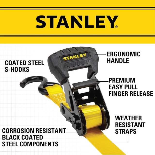 Alt view image 2 of 7 - S1006 Black/Yellow 1" x 14' Ratchet Tie Down Straps - Medium Cargo Hauling (3,000 lbs Break Strength), 4 Pack