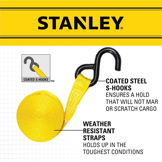 Alt view image 5 of 7 - S1006 Black/Yellow 1" x 14' Ratchet Tie Down Straps - Medium Cargo Hauling (3,000 lbs Break Strength), 4 Pack