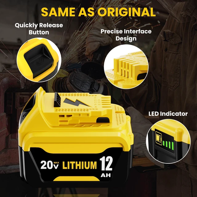 Alt view image 4 of 7 - 2 Pack 12.0Ah Extended Runtime Battery Replacement for Dewalt 20V Battery Compatible with Dewalt 20 Volt Max Battery DCB206 DCB207 DCB204 DCB201 DCB200 DCD/DCF/DCG Series Power Tools (Yellow)