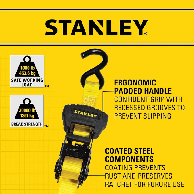 Alt view image 6 of 7 - S1006 Black/Yellow 1" x 14' Ratchet Tie Down Straps - Medium Cargo Hauling (3,000 lbs Break Strength), 4 Pack