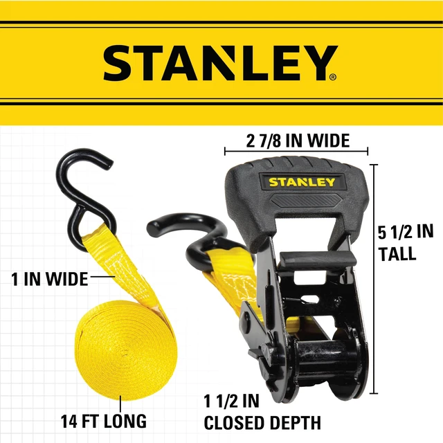 Alt view image 7 of 7 - S1006 Black/Yellow 1" x 14' Ratchet Tie Down Straps - Medium Cargo Hauling (3,000 lbs Break Strength), 4 Pack