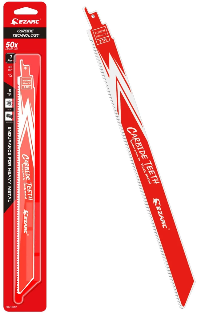 Main image of Carbide Reciprocating Saw Blade, 12-Inch 8TPI, Thick Metal, 1-Pack Carbide Teeth, Up to 50x Longer Life Than Bi-Metal, Cuts Cast Iron, Alloy Steel, Stainless Steel, Rebar, Car Beams