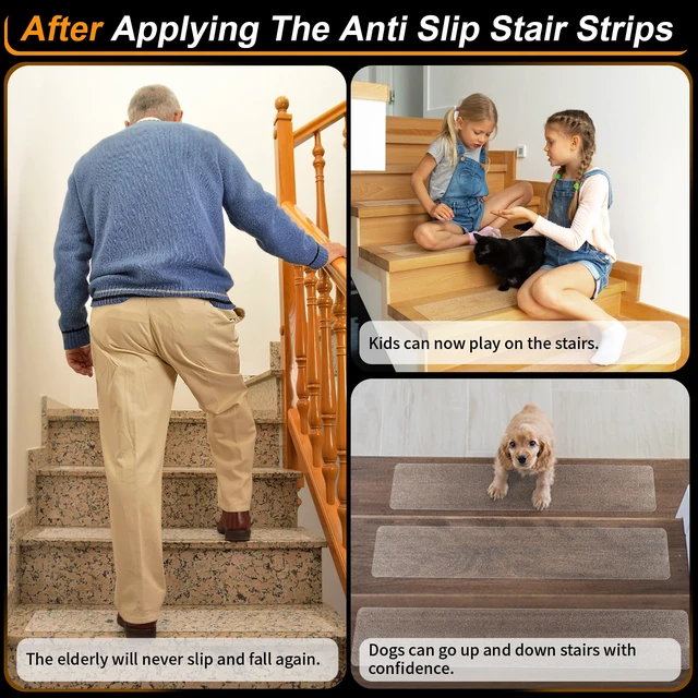 Alt view image 6 of 7 - Clear Non-Slip Treads for Wooden Steps Indoor 15 Pack 4" x 40" Pre-Cut Anti-Slip Strips, Grip Tape Transparent Tread Grips for Wood Stairs, Dogs, Kids and Pets, Waterproof