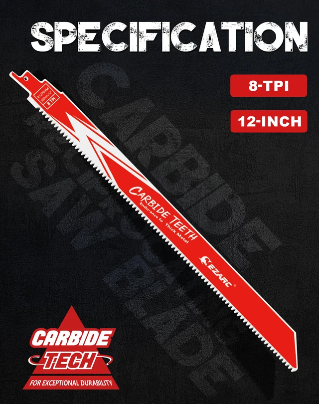 Alt view image 7 of 7 - Carbide Reciprocating Saw Blade, 12-Inch 8TPI, Thick Metal, 1-Pack Carbide Teeth, Up to 50x Longer Life Than Bi-Metal, Cuts Cast Iron, Alloy Steel, Stainless Steel, Rebar, Car Beams