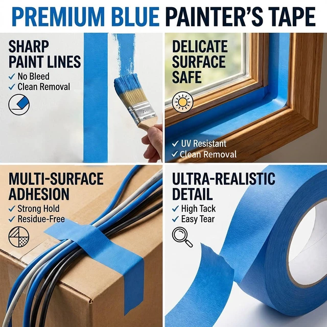 Alt view image 6 of 7 - Painters Tape 2 Inch Wide 1.89 in. x 55 Yds, 6 Rolls - Blue Masking Tape for Wall Painting, DIY, Multi-Surface Use, Easy Removal, No Residue, Strong Adhesion