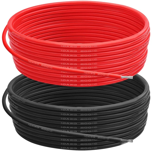 Main image of 10 AWG Silicone Wire, 25 ft Red and 25 ft Black Flexible fine-strand tinned copper cable with heat-resistant silicone insulation for batteries, RC and electronics wiring