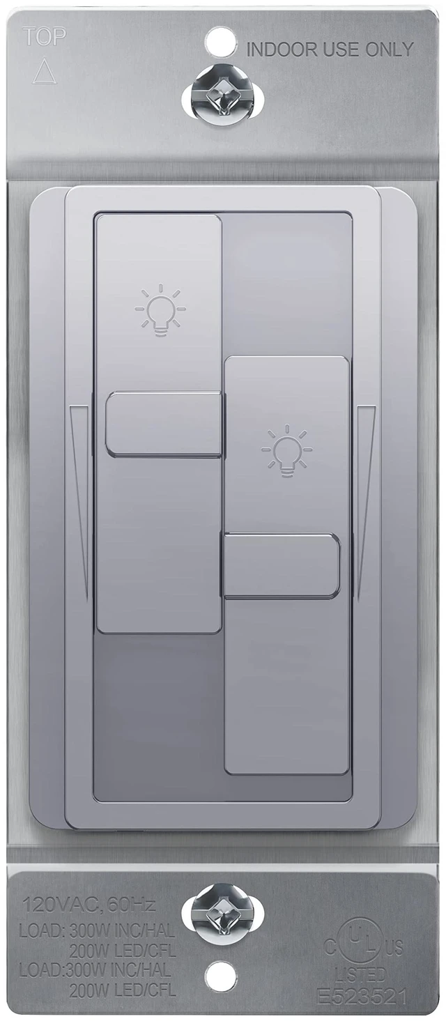 Main image of Elite Series Kalide Dual Load Dimmer Light Switch, Double LED Dimmer Switch, Full Range Dimming, Single Pole, 120VAC, 60Hz, 200W LED/CFL, Neutral Wire Not Required, TGDDS-SV, Silver