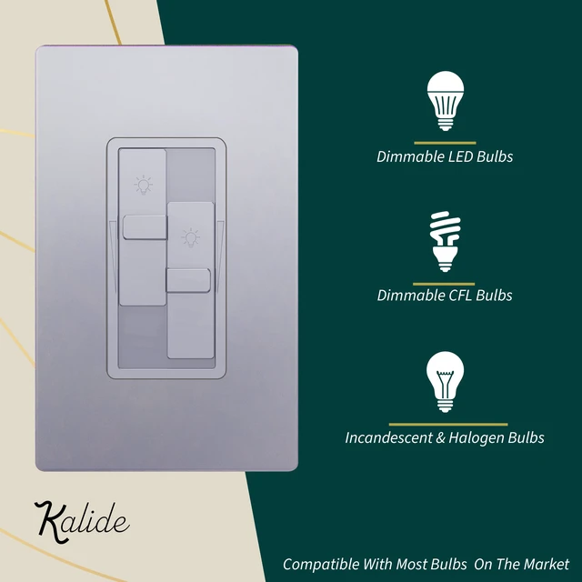 Alt view image 2 of 7 - Elite Series Kalide Dual Load Dimmer Light Switch, Double LED Dimmer Switch, Full Range Dimming, Single Pole, 120VAC, 60Hz, 200W LED/CFL, Neutral Wire Not Required, TGDDS-SV, Silver