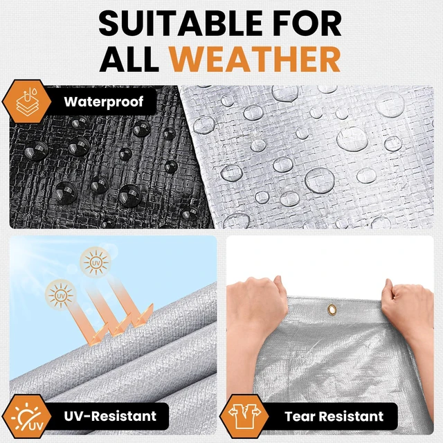 Alt view image 4 of 7 - 16 Mil 10x20 FT Heavy Duty Waterproof Tarps for Outdoor, Silver Heavy Duty Tarps with Reinforced Edges & Rustproof Grommets, Waterproof Cover for Roof, Tent, Camping, Pool, Car