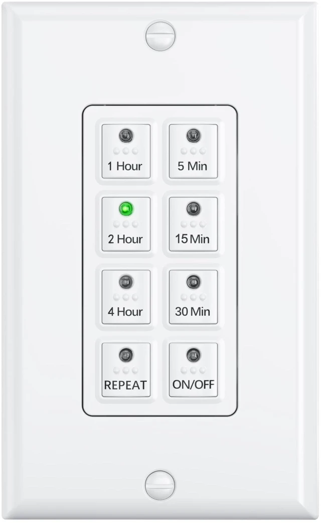Main image of Countdown Bathroom Fan Timer Switch for Exhaust Fan Lights Heaters 5-15-30-60mins, 2-4hours Preset Push Button, Auto Shut Off, 15A, 1/2HP, Neutral Required, Wall Plate Included, White, ETL