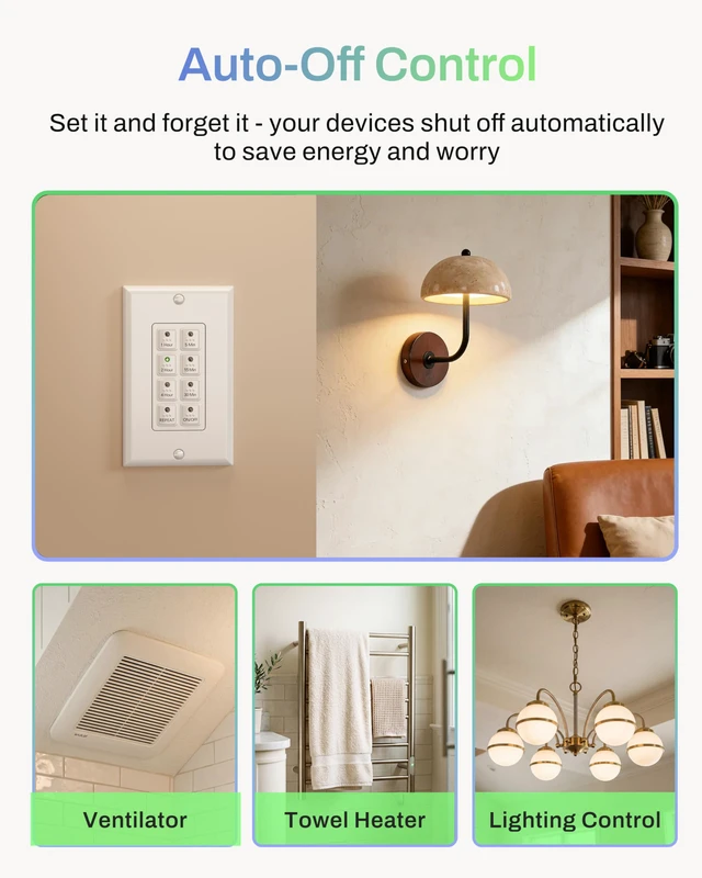 Alt view image 4 of 7 - Countdown Bathroom Fan Timer Switch for Exhaust Fan Lights Heaters 5-15-30-60mins, 2-4hours Preset Push Button, Auto Shut Off, 15A, 1/2HP, Neutral Required, Wall Plate Included, White, ETL