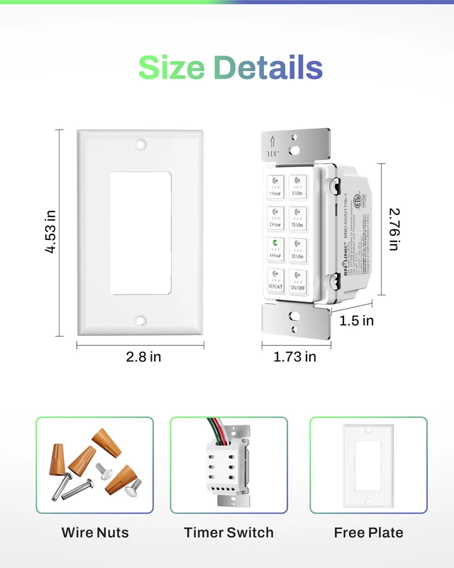 Alt view image 6 of 7 - Countdown Bathroom Fan Timer Switch for Exhaust Fan Lights Heaters 5-15-30-60mins, 2-4hours Preset Push Button, Auto Shut Off, 15A, 1/2HP, Neutral Required, Wall Plate Included, White, ETL