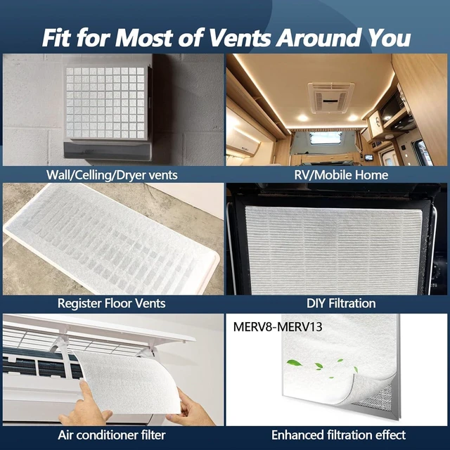 Alt view image 5 of 6 - Air Vent Filters,12"x120"Cut to Fit Air Filter Material (60+Filters),MERV 8 Electrostatic Air Vent Filter for Home Floor, Grilles, Ceiling, HVAC Furnace Vents, With 48PCs Adhesive Hook Tape