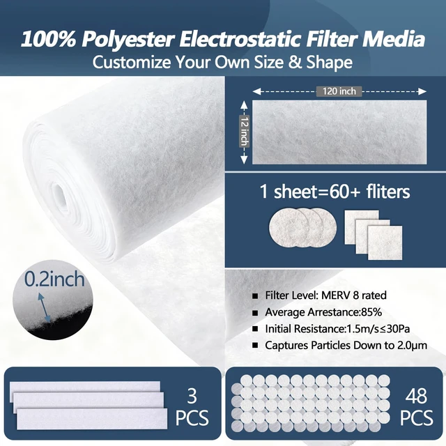 Alt view image 3 of 6 - Air Vent Filters,12"x120"Cut to Fit Air Filter Material (60+Filters),MERV 8 Electrostatic Air Vent Filter for Home Floor, Grilles, Ceiling, HVAC Furnace Vents, With 48PCs Adhesive Hook Tape