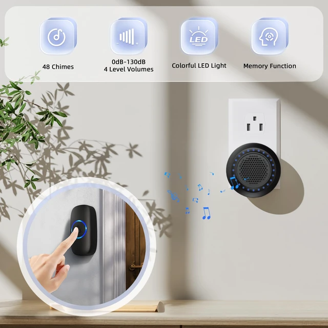 Alt view image 2 of 7 - Wireless Doorbell Door bell Chimes with Mute Mode, 48 Ringtones 5 Volume Levels, Operating at 1000ft Range, LED Strobe, 2 Transmitters+3 Receivers Waterproof Doorbell Kit for Home/Classroom