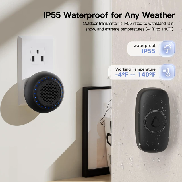 Alt view image 7 of 7 - Wireless Doorbell Door bell Chimes with Mute Mode, 48 Ringtones 5 Volume Levels, Operating at 1000ft Range, LED Strobe, 2 Transmitters+3 Receivers Waterproof Doorbell Kit for Home/Classroom