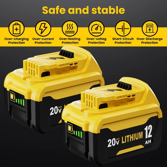 Alt view image 5 of 7 - 2 Pack 12.0Ah Extended Runtime Battery Replacement for Dewalt 20V Battery Compatible with Dewalt 20 Volt Max Battery DCB206 DCB207 DCB204 DCB201 DCB200 DCD/DCF/DCG Series Power Tools (Yellow)