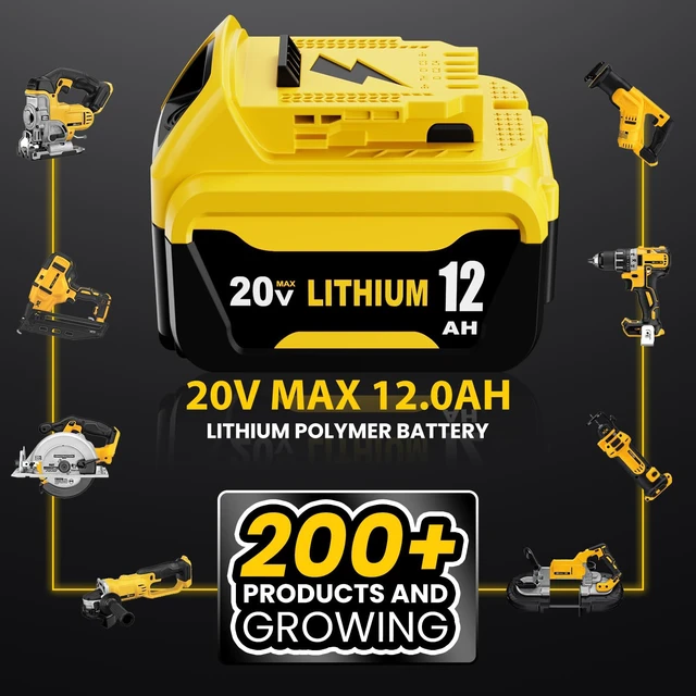 Alt view image 7 of 7 - 2 Pack 12.0Ah Extended Runtime Battery Replacement for Dewalt 20V Battery Compatible with Dewalt 20 Volt Max Battery DCB206 DCB207 DCB204 DCB201 DCB200 DCD/DCF/DCG Series Power Tools (Yellow)