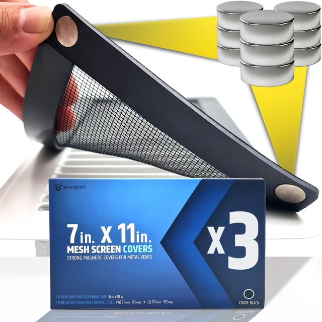 Main image of Powerful Magnetic Vent Screen Mesh Covers (3-Pack - New & Improved) - Will Never Move/Fall - for Floor, Wall & Ceiling Registers of Width 7" to 8", Length 11" to 12" - Strong Neodymium Magnets | Black
