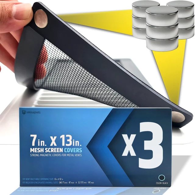 Main image of Powerful Magnetic Vent Screen Mesh Covers (3-Pack - New & Improved) - Will Never Move/Fall - for Floor, Wall & Ceiling Registers of Width 7" to 8", Length 13" to 14" - Strong Neodymium Magnets | Black