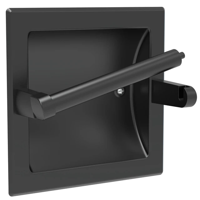 Main image of Recessed Toilet Paper Holder Wall Mount Matte Black Stainless Steel Post Pivoting Design Easy to Change Roll, in Wall Toilet Paper Holder for Mega Roll for Bathroom Contemporary Hotel Style