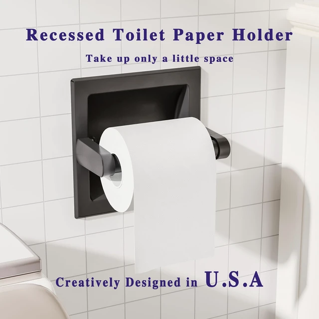 Alt view image 2 of 7 - Recessed Toilet Paper Holder Wall Mount Matte Black Stainless Steel Post Pivoting Design Easy to Change Roll, in Wall Toilet Paper Holder for Mega Roll for Bathroom Contemporary Hotel Style