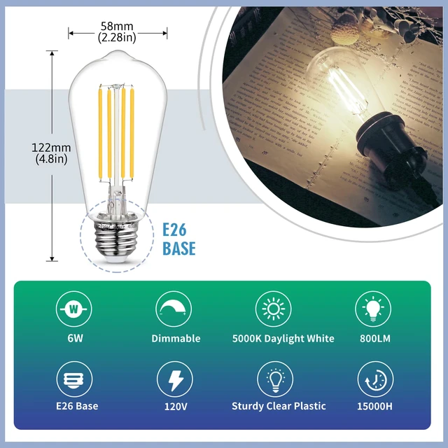 Alt view image 3 of 7 - 20Pack Shatterproof LED Edison Light Bulb 60W Equivalent, Dimmable ST58/19 6W Edison Bulbs Daylight 5000K, E26 Base, 800LM, 80+ CRI, Lightweight decorative Bulb for Home Kitchen Cafe Farmhouse