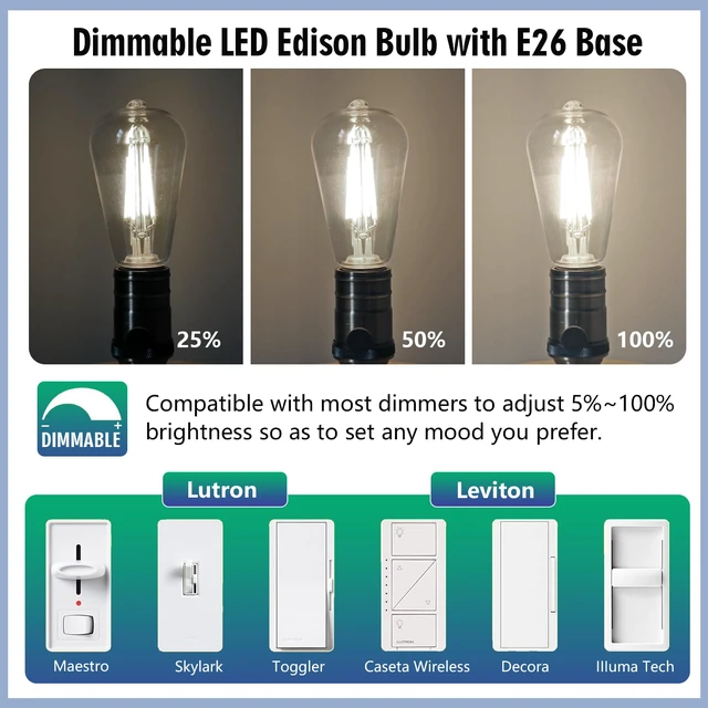 Alt view image 4 of 7 - 20Pack Shatterproof LED Edison Light Bulb 60W Equivalent, Dimmable ST58/19 6W Edison Bulbs Daylight 5000K, E26 Base, 800LM, 80+ CRI, Lightweight decorative Bulb for Home Kitchen Cafe Farmhouse