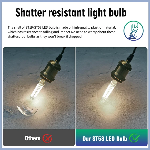 Alt view image 5 of 7 - 20Pack Shatterproof LED Edison Light Bulb 60W Equivalent, Dimmable ST58/19 6W Edison Bulbs Daylight 5000K, E26 Base, 800LM, 80+ CRI, Lightweight decorative Bulb for Home Kitchen Cafe Farmhouse