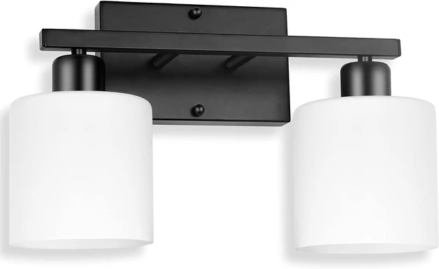 Main image of Black Bathroom Light Fixtures Over Mirror, 2-Light Vanity Lights Anti-Rust Wall Sconces 12 Inches, E26 Standard Socket, Milky White Glass Shades, Easy Installation, Bulbs Not Included