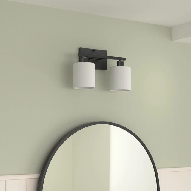Alt view image 2 of 7 - Black Bathroom Light Fixtures Over Mirror, 2-Light Vanity Lights Anti-Rust Wall Sconces 12 Inches, E26 Standard Socket, Milky White Glass Shades, Easy Installation, Bulbs Not Included