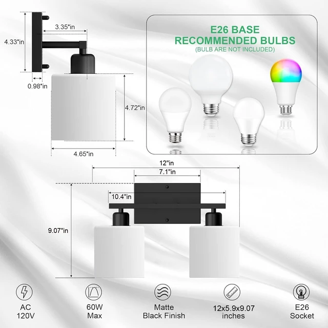 Alt view image 3 of 7 - Black Bathroom Light Fixtures Over Mirror, 2-Light Vanity Lights Anti-Rust Wall Sconces 12 Inches, E26 Standard Socket, Milky White Glass Shades, Easy Installation, Bulbs Not Included