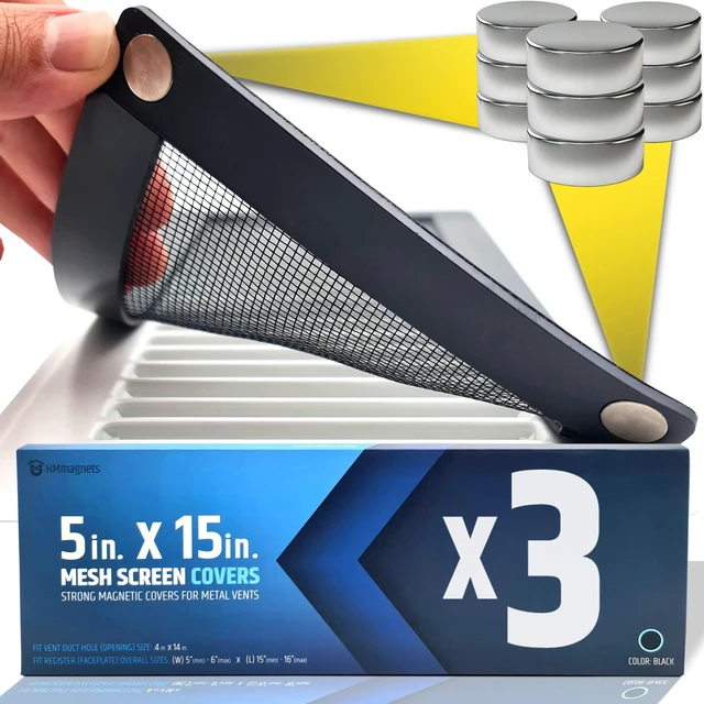 Main image of Powerful Magnetic Vent Screen Mesh Covers (3-Pack - New & Improved) - Will Never Move/Fall - for Floor, Wall & Ceiling Registers of Width 5" to 6", Length 15" to 16" - Strong Neodymium Magnets | Black