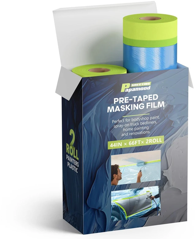 Main image of Pre-taped Automotive Masking Film for Painting - 44" x 66', 2 Rolls Painters Plastic Sheeting Roll Masking Tape and Drape, Paint Supplies for Cars Walls Furniture Floor Spraying