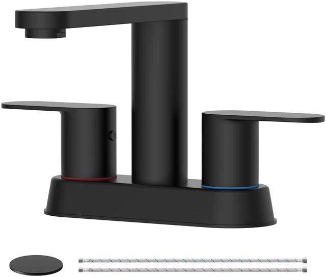 Main image of Matte Black Bathroom Faucets 4 Inch Centerset Faucet for Bathroom Sink 2 or 3 Hole Basin 2-Handle 360° Swivel Spout Bathroom Sink Faucet with Pop up Drain Water Supply Hose for Farmhouse Vanity RV