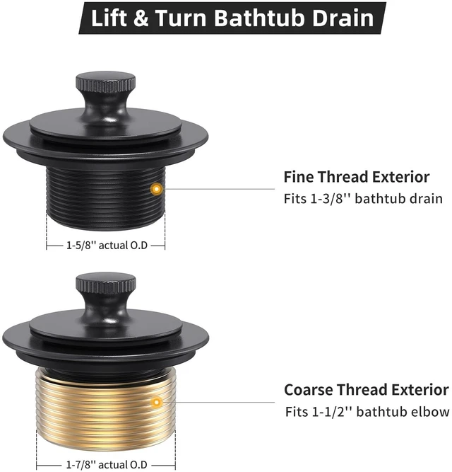 Alt view image 6 of 7 - Matte Black Tub Drain and Overflow Kit, Bath Tub Drain Stopper Set Tub Drains Cover, Lift & Turn Bathtub Drain Kit with 2-Hole Overflow Faceplate Conversion Kit Assembly Fine/Coarse Thread