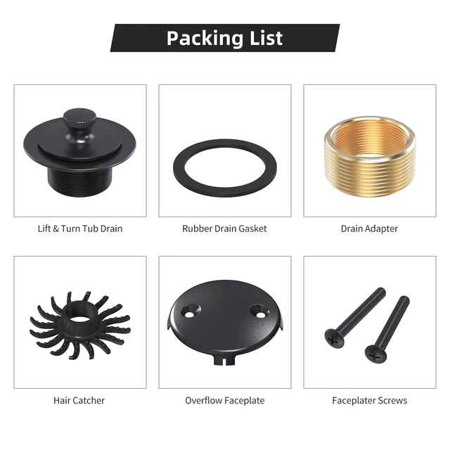 Alt view image 7 of 7 - Matte Black Tub Drain and Overflow Kit, Bath Tub Drain Stopper Set Tub Drains Cover, Lift & Turn Bathtub Drain Kit with 2-Hole Overflow Faceplate Conversion Kit Assembly Fine/Coarse Thread