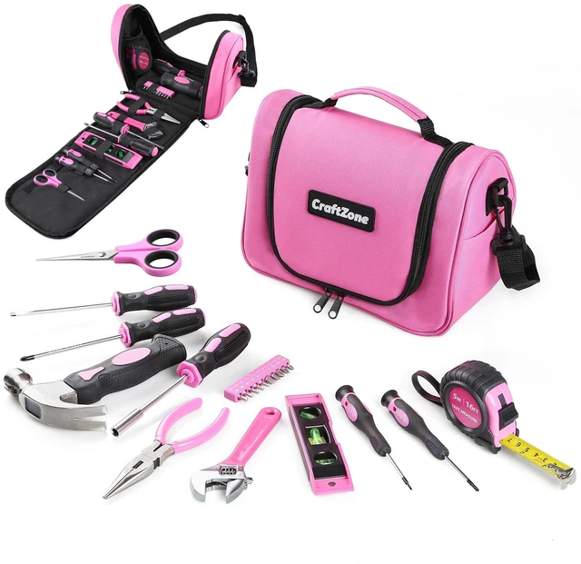 Main image of Pink Tool Set | Tool Bag for Women with Shoulder Strap | Basic Tool Kit|21Pcs Tool Pouch with Zipper|Portable Tool Bag with Tools for Home|Dorm|Office|DIY|Desk|Apartment