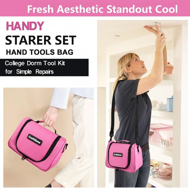 Alt view image 2 of 5 - Pink Tool Set | Tool Bag for Women with Shoulder Strap | Basic Tool Kit|21Pcs Tool Pouch with Zipper|Portable Tool Bag with Tools for Home|Dorm|Office|DIY|Desk|Apartment